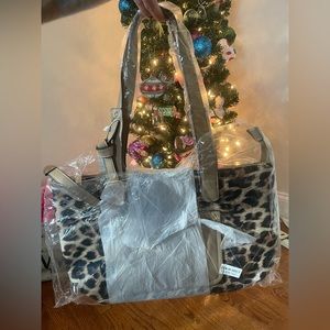 AR New York Tote Bag - Tan and leopard with gold accents.